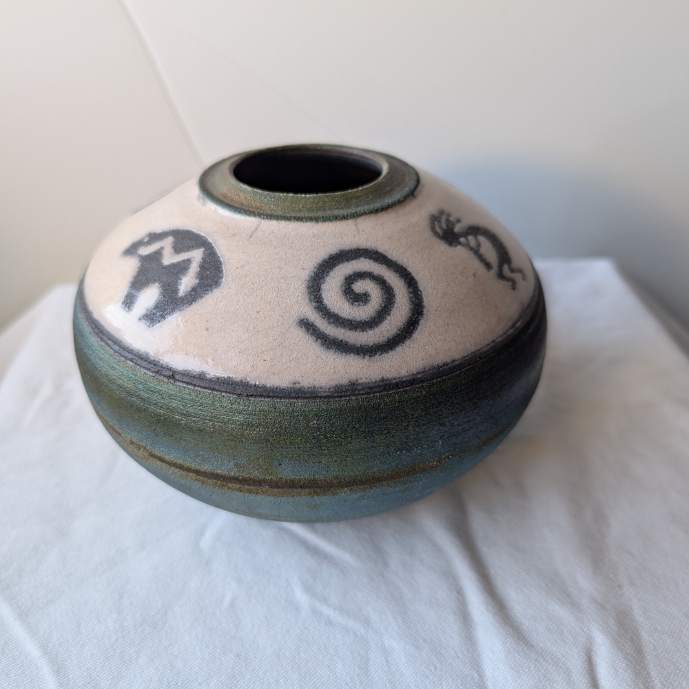 Jeremy Diller Raku Pottery Bowl Vase Handmade Southwest Design Signed